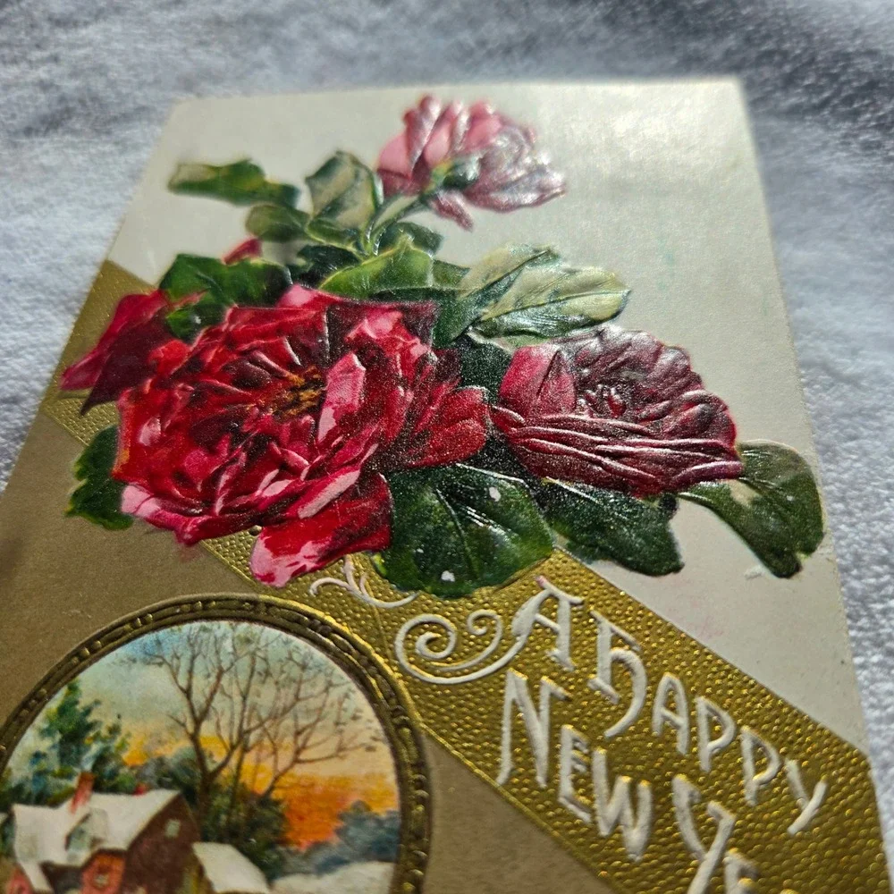 Antique A Happy New Year Postcard Embossed Roses Winter Scene Germany 1910s